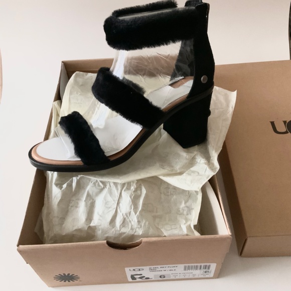 Ugg Del Rey Sheepskin Black Fluff Block Heel Sandal Open Toe Ankle Strap 6 37 - Picture 6 of 12
